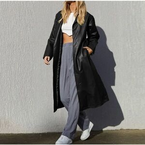 Women's Casual Lapel Open Front Faux Leather Long Trench Coat with Belt (2XL)